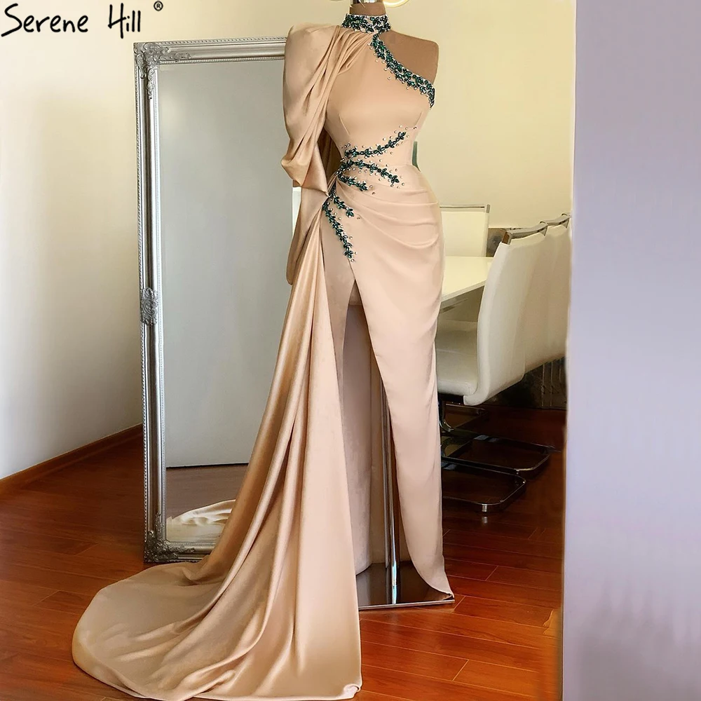 

Serene Hill Champagne Satin Mermaid Ladies Sexy Long Evening Puff Shoulder Classic Party Wear Gowns With Beading LA70877