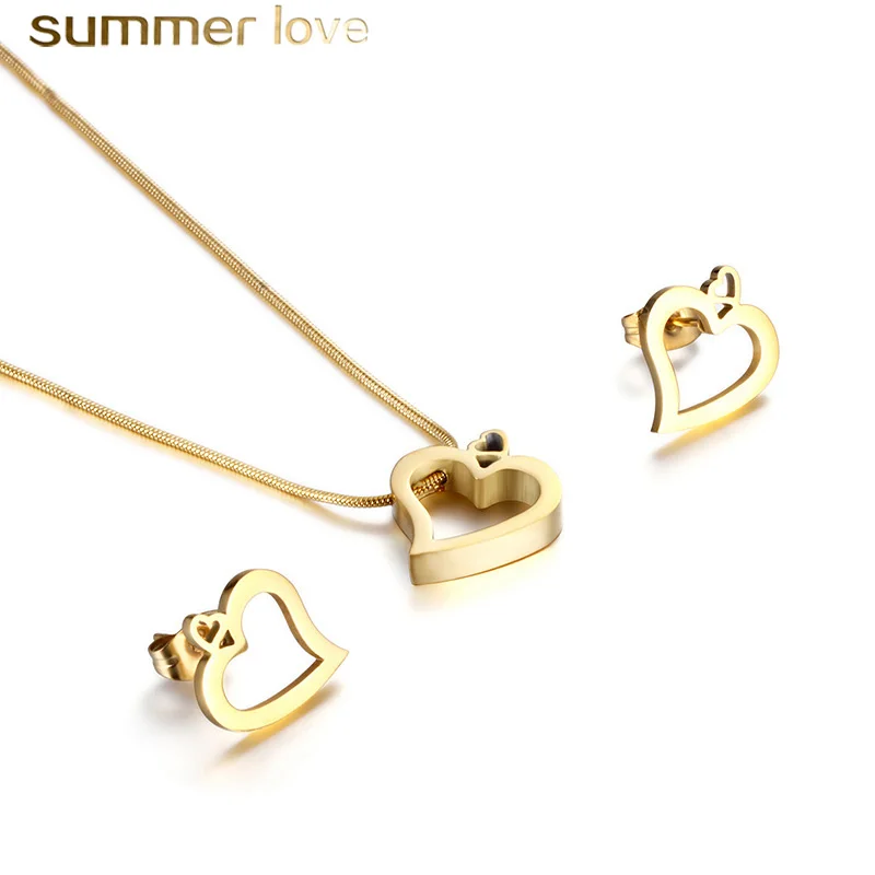 

2020 Wholesale Fashion Gold Plated Stainless Steel Love Hollow Earrings Necklace Jewelry Sets for Women