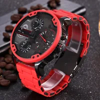 

Brand Red Luxury Big Leather Watch Men Dual Time Display Quartz Wrist Watch with Stainless Steel Band Quartz Wristwatches