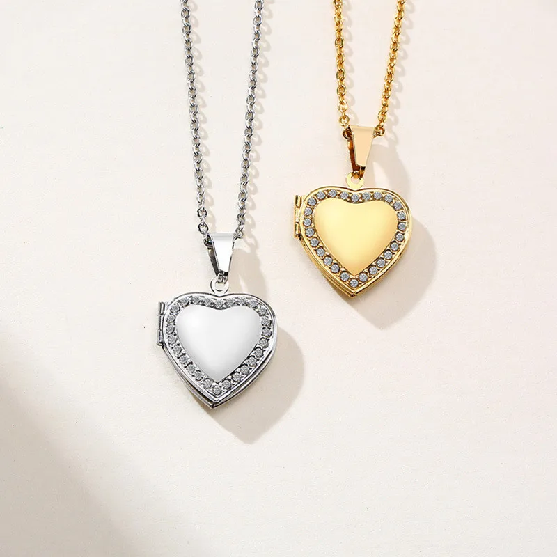 

Personalized Stainless Steel Custom Cubic Zirconia Heart Photo Frame Pendant Necklace, Gold,silver