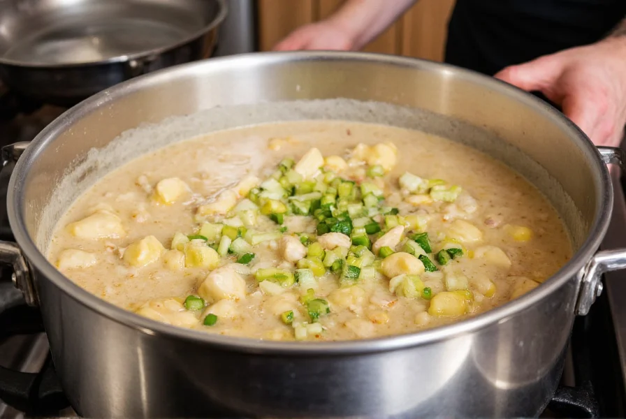 Professional chef preparing white chili with chicken in stainless steel pot showing creamy texture and fresh ingredients