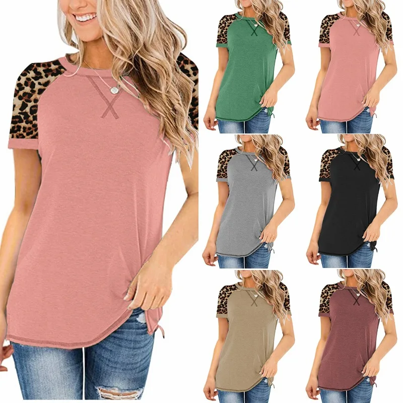 

2021 spring and summer new leopard print stitching round neck short-sleeved T-shirt women's bottoming shirt top, Picture color