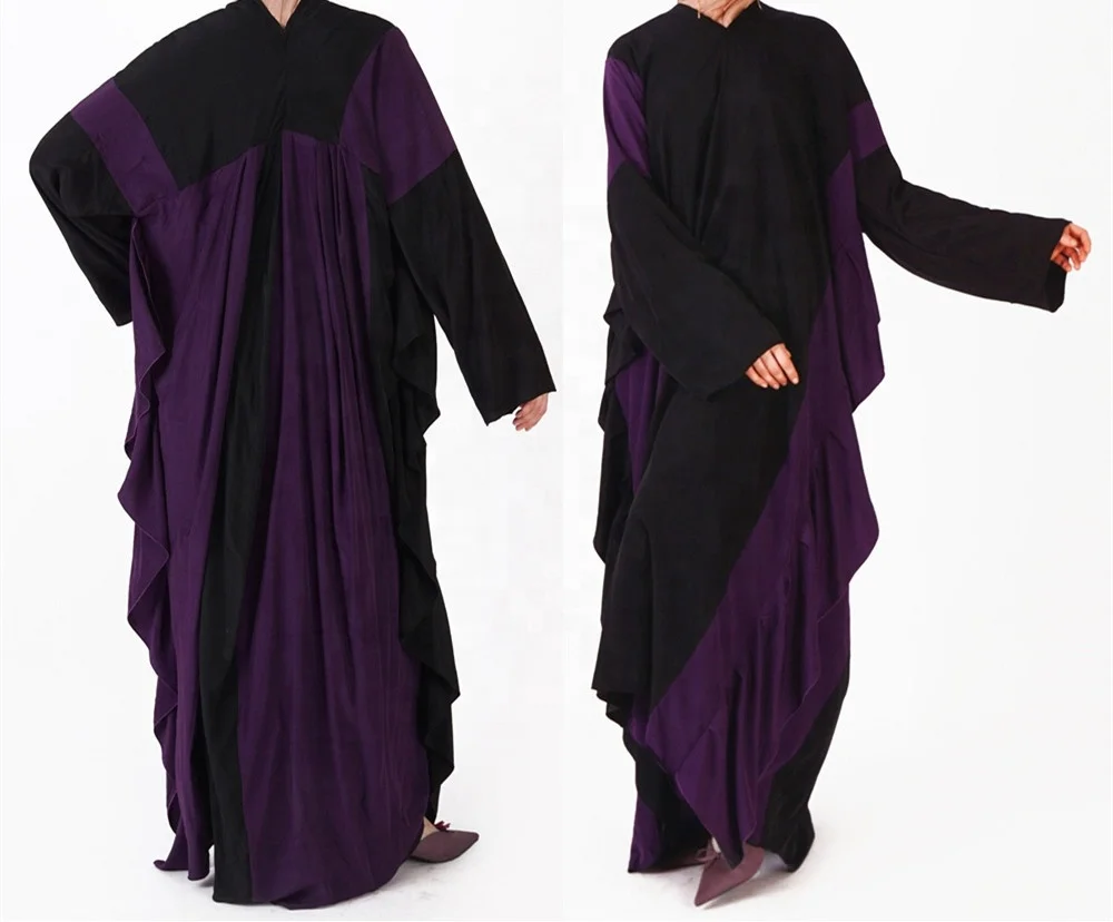 

Rayon Butterfly Dolman Sleeve Ruffle Edge Ending Bottom Loose Dubai Turkish Pakistan Muslim Islam Ladies Caftan Kaftan Abaya, Black+purple, black+kakhi or customized