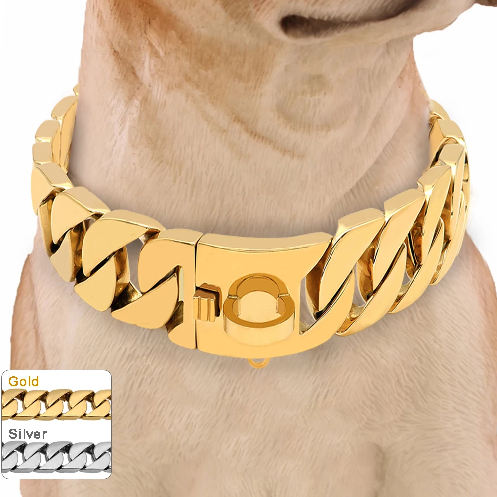 

Personalized custom pet collar accessories 316l Stainless steel heavy big gold cuban link chain choke large luxury dog collar, Gold plating