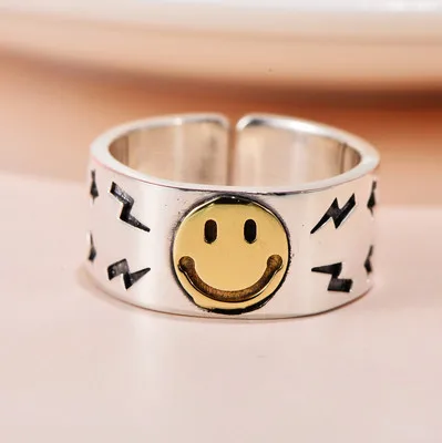 

S925 sterling silver ring smiley face wide face ring lightning men and women street hip hop jewelry adjustment ring wholesale, Same as picture