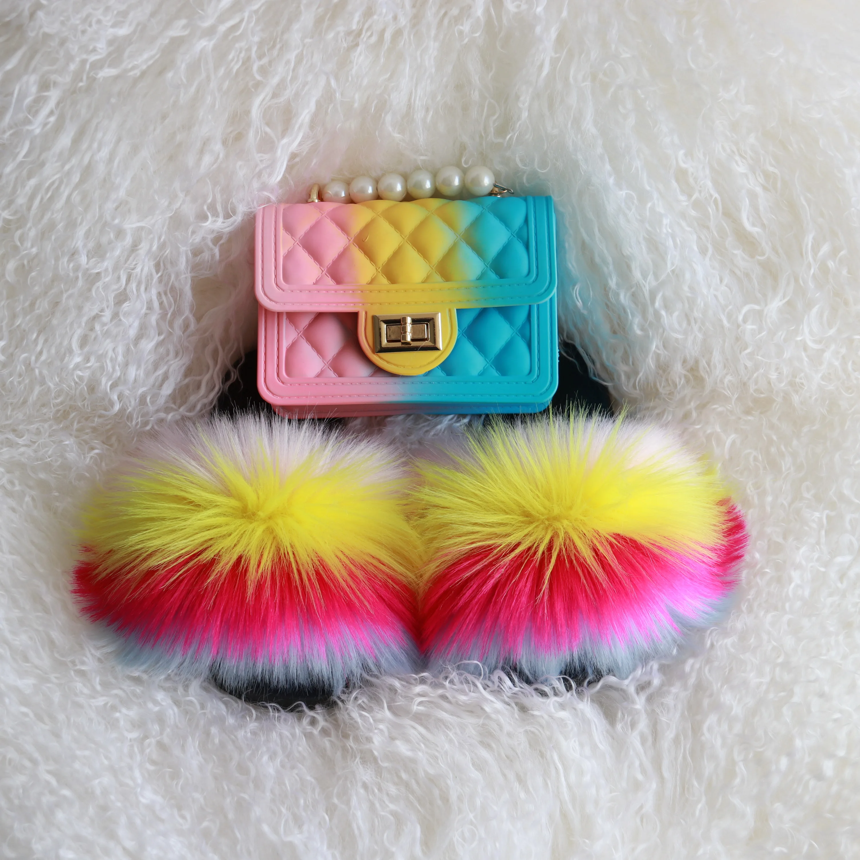 

fur slides with purse set kids fur slides