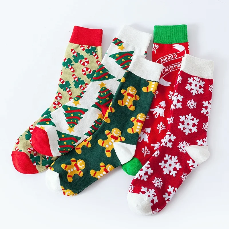 

Xmas Tree Cartoon Jacquard Soft Cotton Unisex Christmas Socks Set, 5 colors