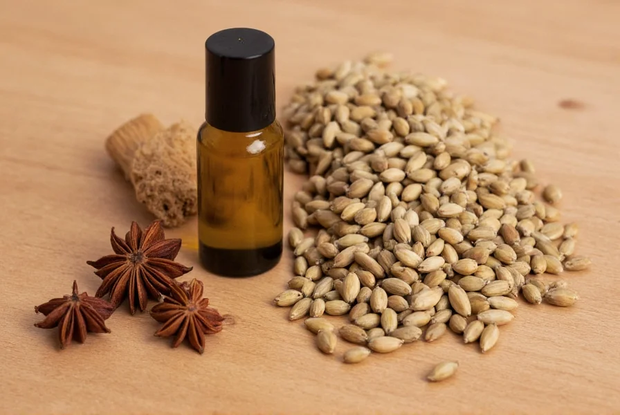 Homemade natural flea repellent ingredients including anise seeds and carrier oils on wooden table