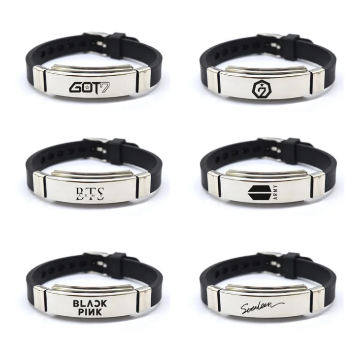 

Korean popular combination idol BTS got7 blackpink EXO customizable logo sports Silica gel bracelet Stainless steel bracelet