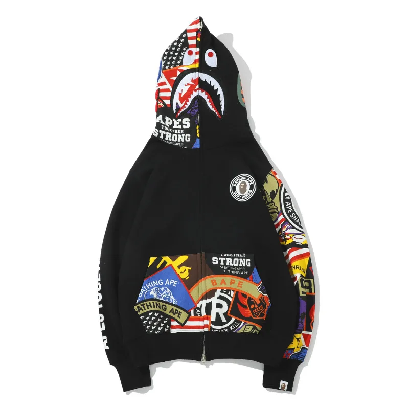 

2021 Best Selling BAPE Hoodies shark graffiti terry color thin hooded sweater jacket Round Neck satin hoodies, Customized colors