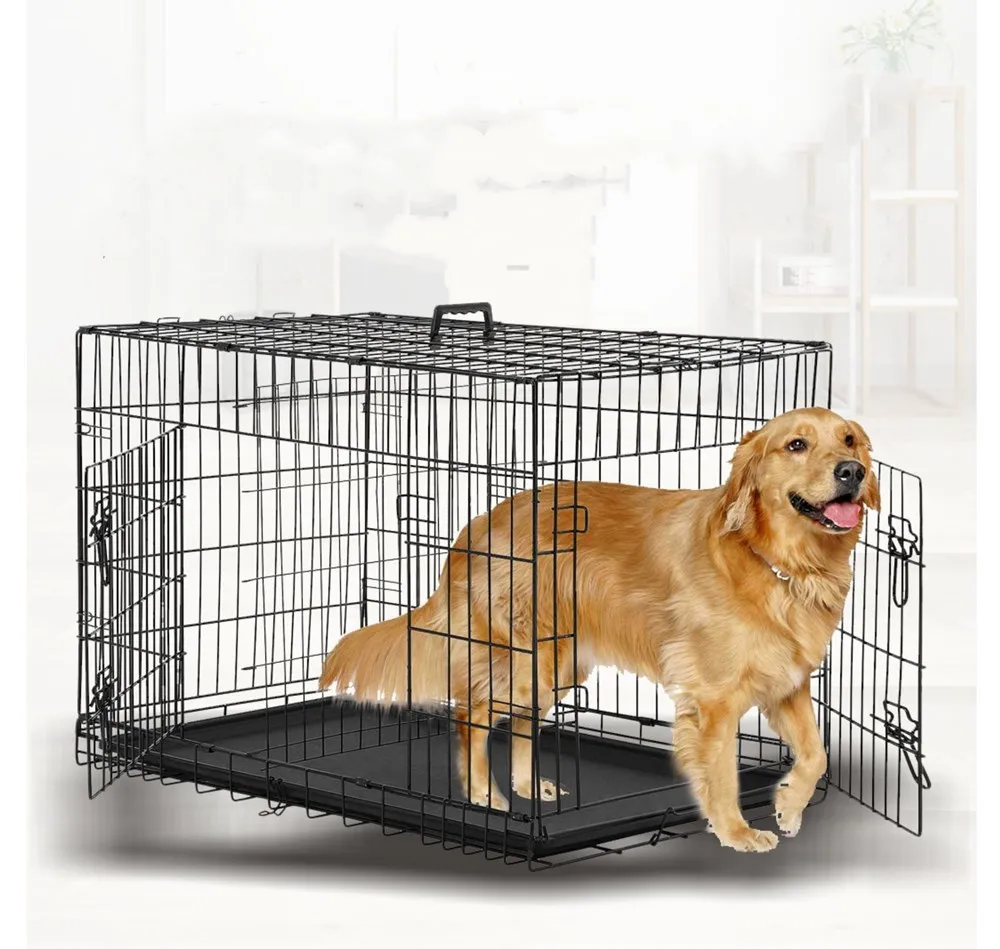 Double Door Pet Dog Kennel Crate Cage With Black Metal Foldable Heavy