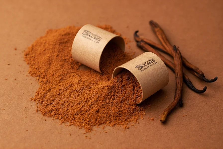 Close-up of cinnamon dolce k cups next to ground cinnamon and vanilla beans