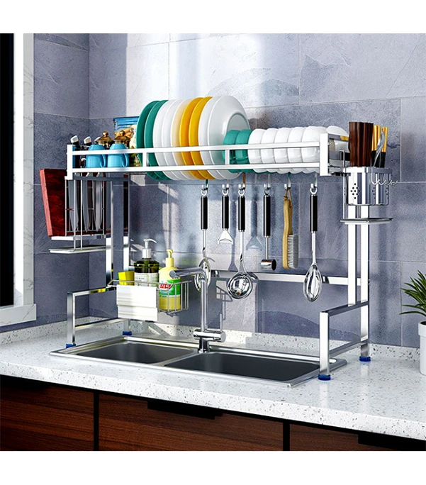 

2 tier dish rack kitchen organizer dish drying rack over kitchen sink countertop storage holders & racks, Stainless steel primary colors