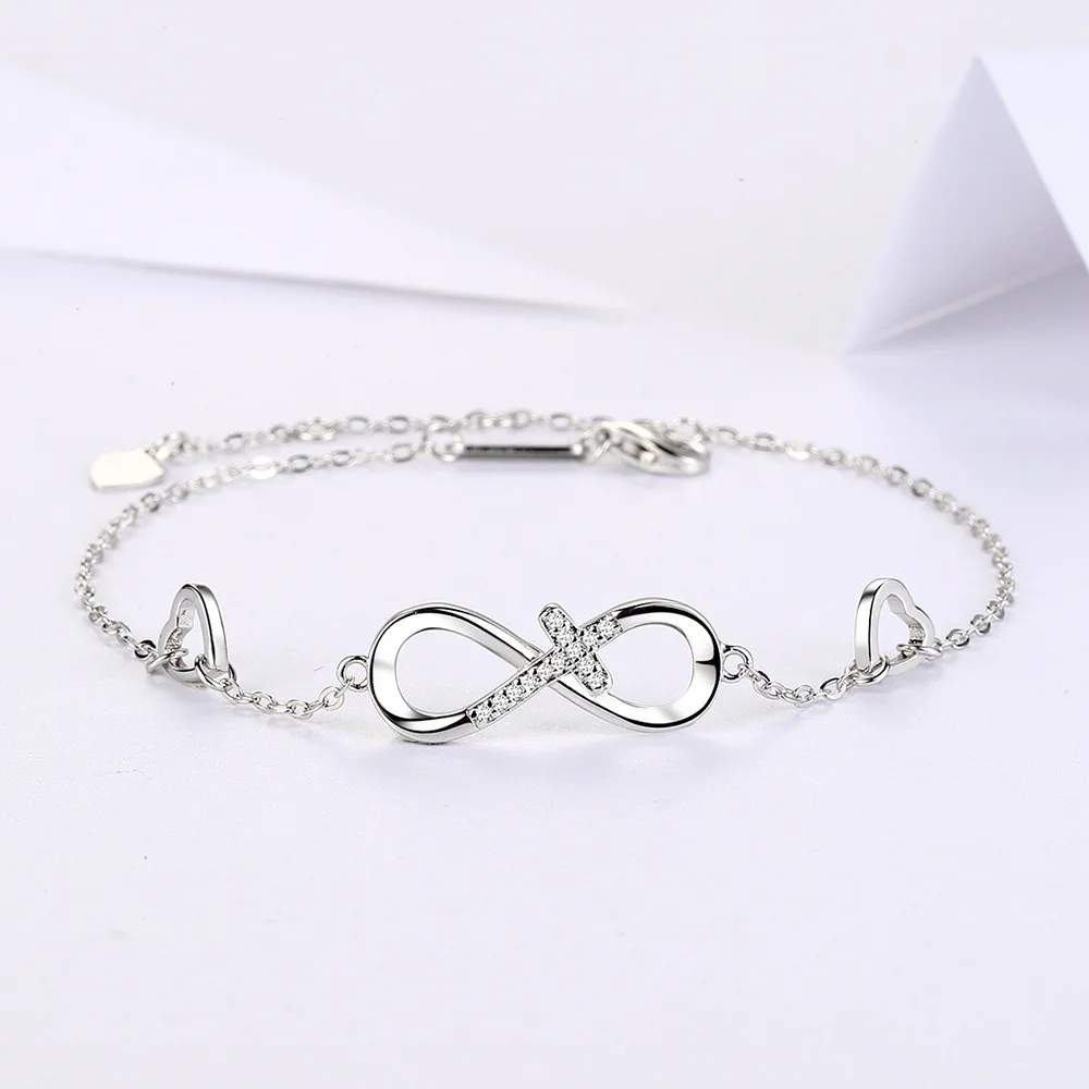 

Drop Shipping Hot Selling Women 925 Sterling Silver Heart Infinity Cross Charm Bracelet for Christian Christmas Gifts