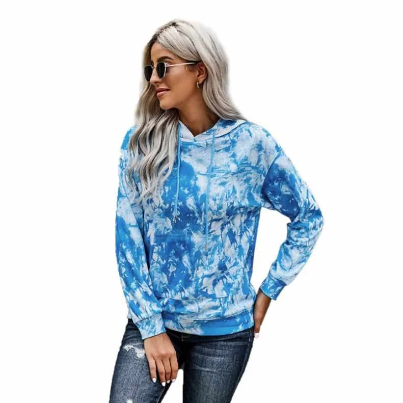 

Wholesale Custom Spring Fall Blue Tie Dye Womens Hoodies Sweatshirts, As picture