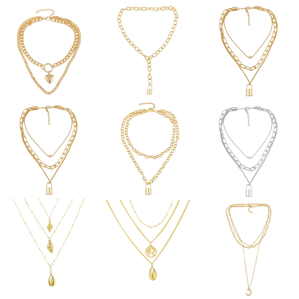 

Fashion Gold Silver Shell Lock Heart Pendant Layered Cuban Link Chain Necklace