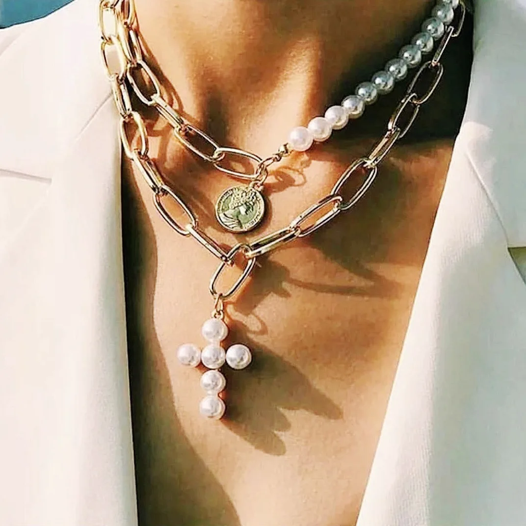 

Luxury Jewelry Gold Plated pearl cross Chain Necklace Hips Hops coin half pearl Link Necklace