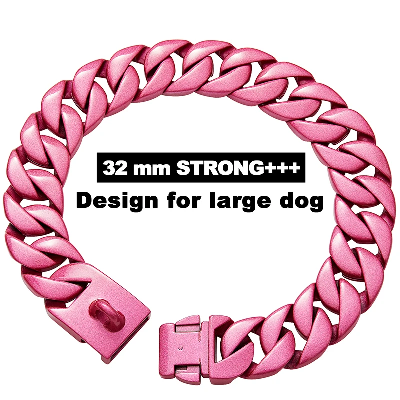 

18k Gold Plated Dog Leash Large Medium Breed Dog 32MM Stainless Steel Cuban Link Chain Dog Collar, 18k gold,pink,silver