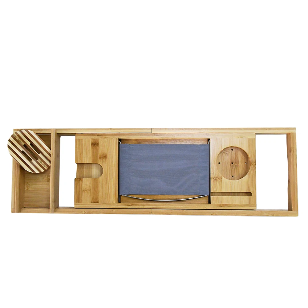 

Multi-Function Bamboo Wooden Bath Tub Bathtub Caddy Tray With Extending Sides, Natural bamboo color