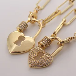 MHS.SUN Heart Lock Pendant Necklace Cubic Zirconia Rotatable Screw Clasp Jewelry 18K Gold Plated Chunky Chain Brass Choker Gifts