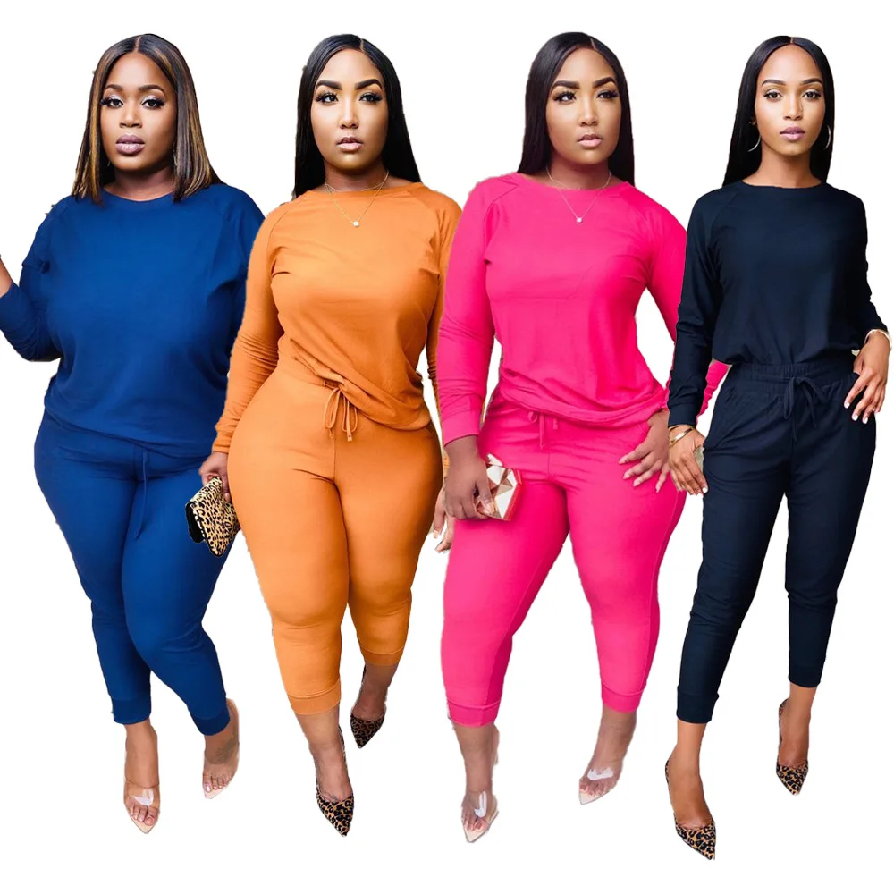

Fashion Solid color casual Top And Pants Long Sleeves Sport Suit Two Piece Set Women Clothing