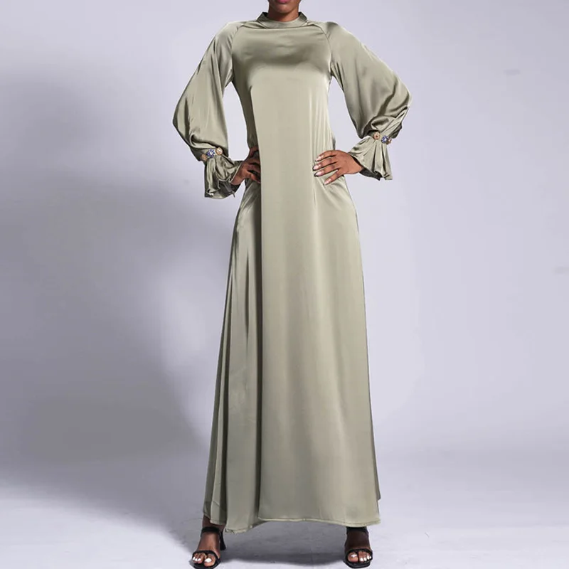 Modest Ethnic Islamic Clothing Ramadan Robe Ruffle Sleeve Diamond Cuff Maxi Dress Satin Abaya