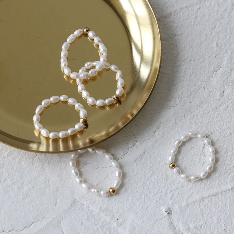 

Dainty 18k stainless steel gold plated bead real pearl ring LYSR0005, Yellow