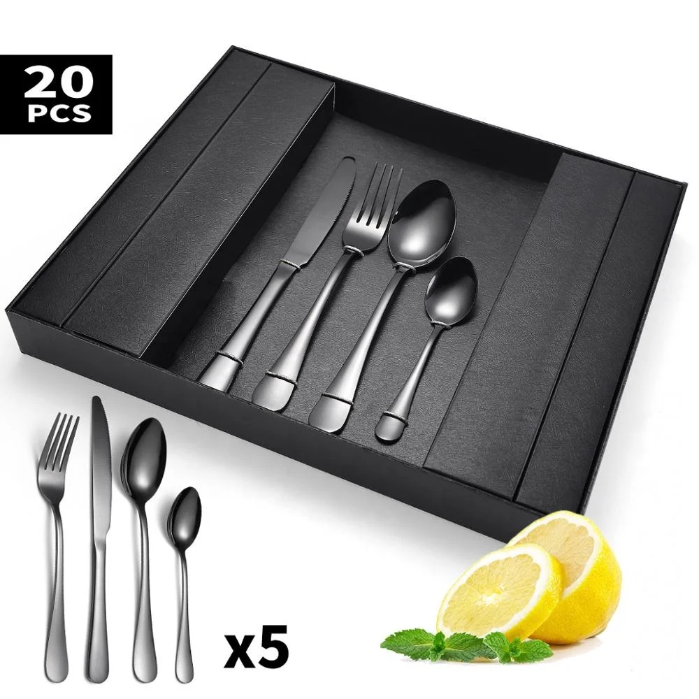 

Factory Wholesale Black Plated Fork Knife Spoon 20Pcs Wedding Stainless Steel Cutlery Set With Box, Silver,gold,rainbow,rosegold,black