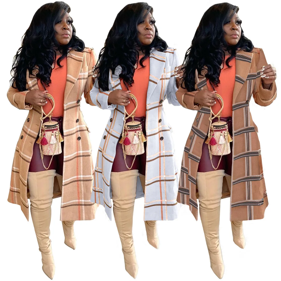 

2021 High Quality Plaid Women Long Trench Coat Ladies Fall Winter Clothing Long Coats Jackets Blazers Women Woolen Trench Coats