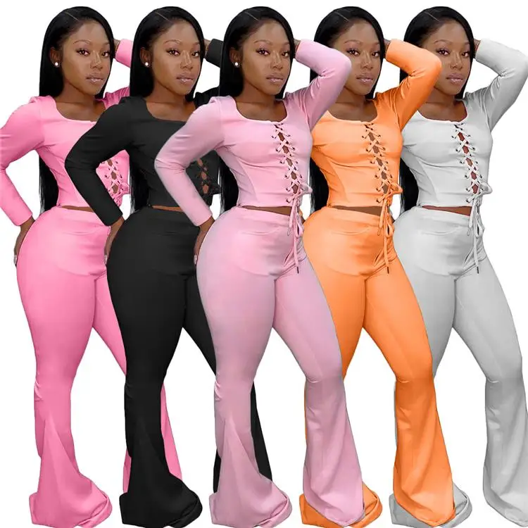 

New Arrival Lady 2 Pcs Solid Color Bandage Tops And Flares Pants Plus Size Autumn Women Two Piece Set, Picture