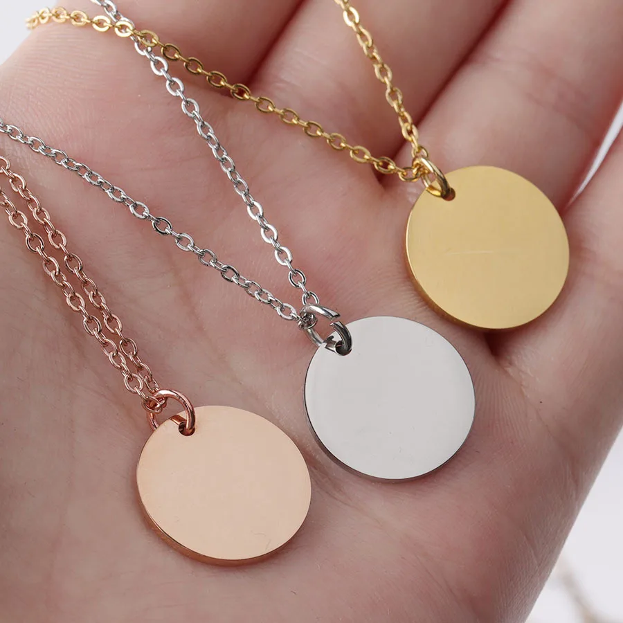 

Hot Sale Stainless Steel Round Disc Blank Coin Shaped Personalised Stainless Steel Necklace Lady, As pic show