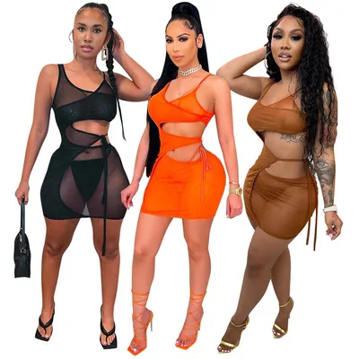 

B34162A 2018 Western latest promotion women smocked fishnet mesh dress