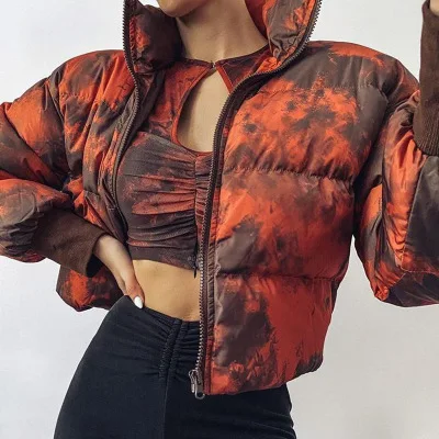 

F11122A Fashion new thickened standing-collar trend tie-dye casual winter coat for women, As picture
