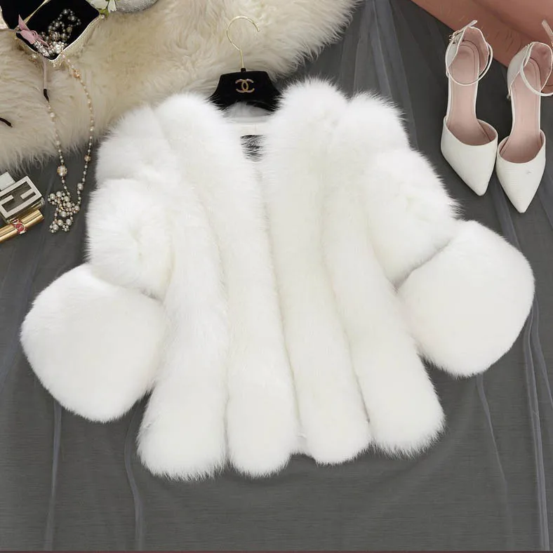 

women fashionable man-made short solid color short Imitation fox faux fur coat