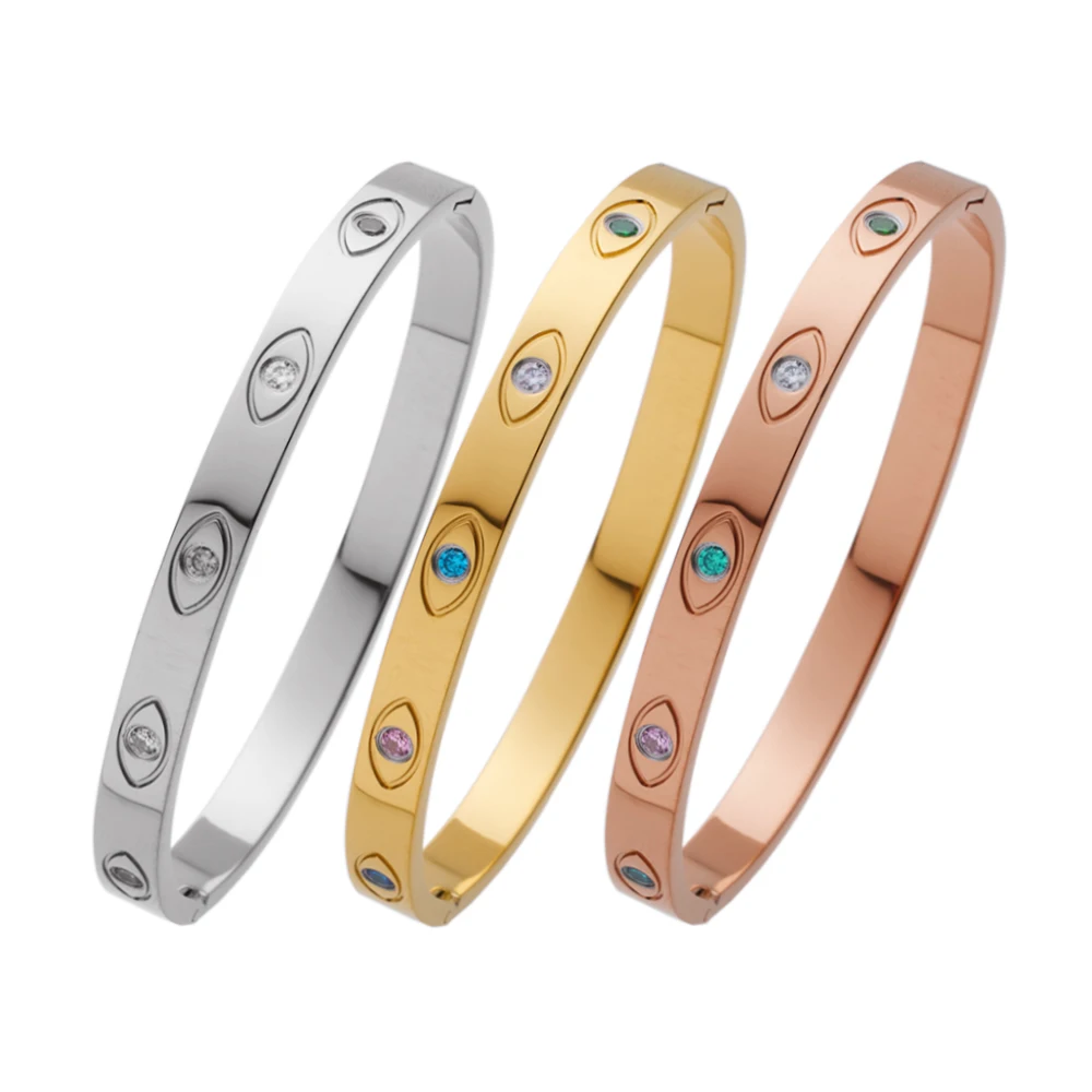 Bracelet Women Trendy 18K Gold Plated Colorful Zirconia Eye Design Stainless Steel Bangles Waterproof Jewelry Bracelet for Gift