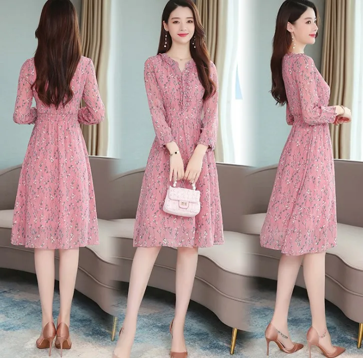 

zm40275v V-neck cheap dress Korean version of the long thin large size broken flower a word skirt women, Pink