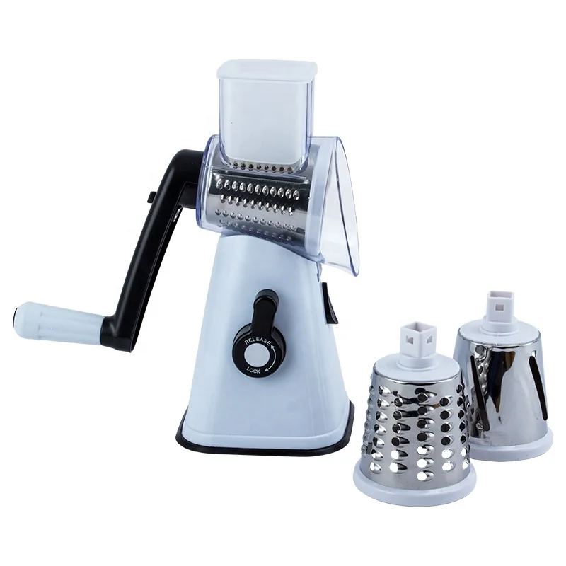 

Round Mandoline Multifunctional 3 in 1 Tabletop Kitchen Rotary Cheese Grater with 3 Drum Blades, White