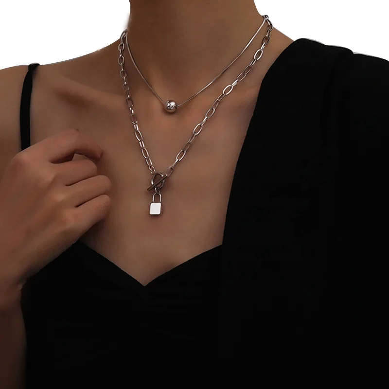 

Best Selling Hip Hop Necklaces For Women Lock Ball Choker Pendants Lady 18 K Layers Jewelry Fashion Stainless Steel