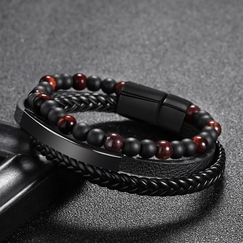 

Newest Multilayer Stainless Steel Magnetic Clasp Leather Bracelet Braiding Leather Lava Volcanic Bead Bracelet For Men