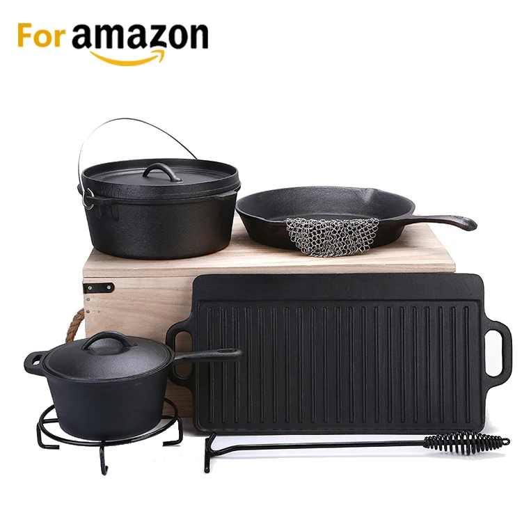 Amazon Solution Private Label 6pcs Outdoor Camping Cast Iron Cookware