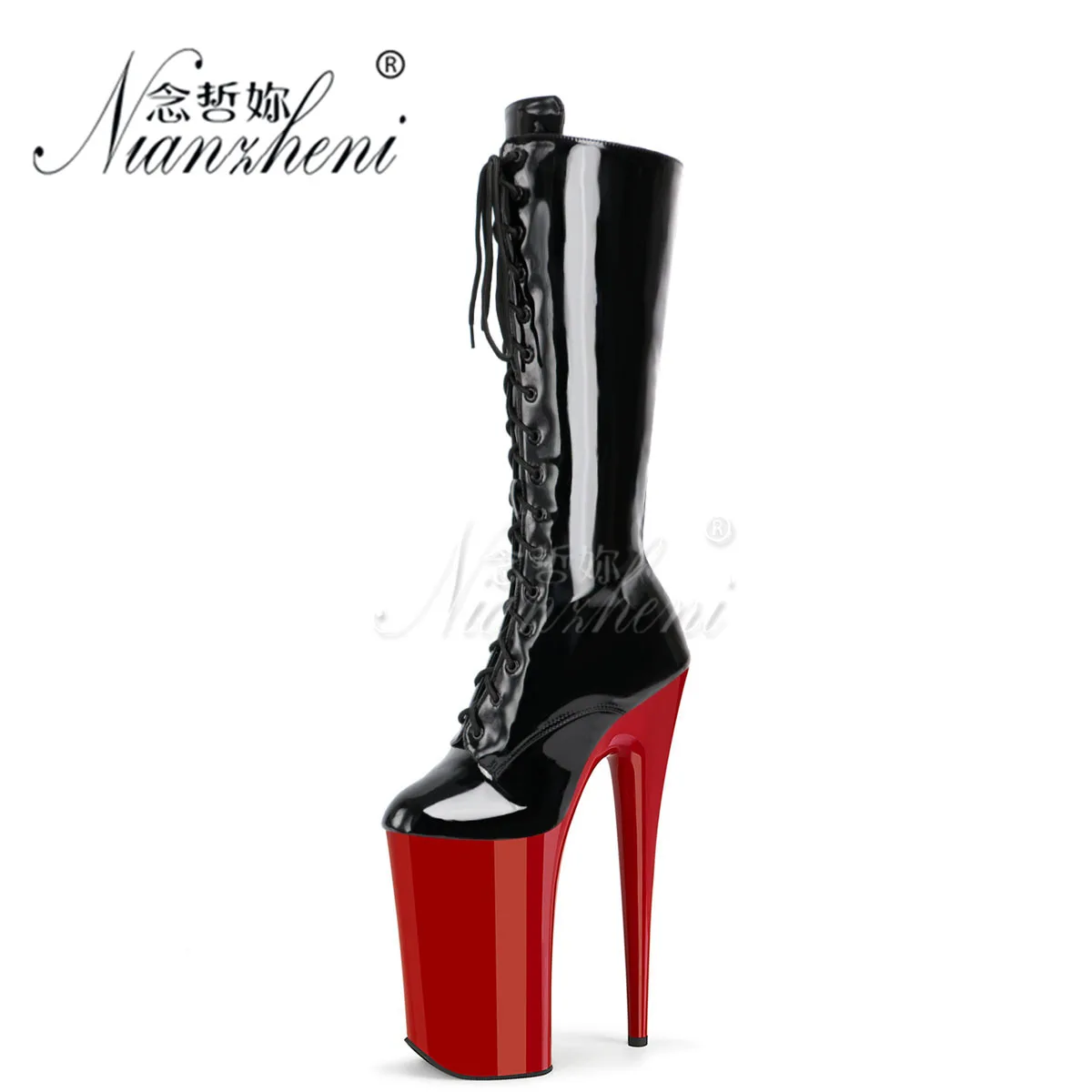 Nightclub 10Inch Fashion Red Catwalk Gothic Platform Mid-Calf Exotic Dancer Boot Pole Dance 26cm Round Toe Mature Cross Dressing