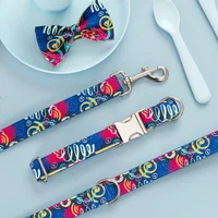 

Unique beautiful design fashion blue graffiti factory price best quality pet products strong bow tie dog collar and leash set