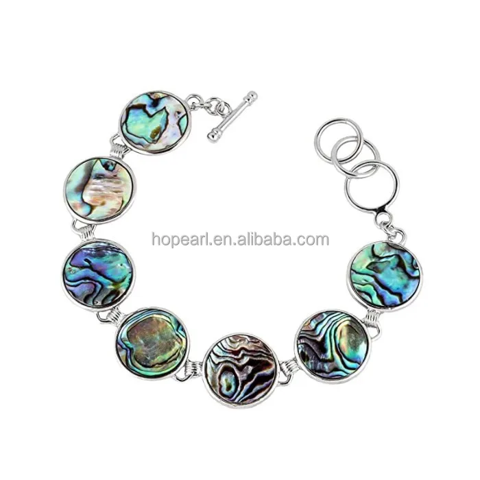 

MOP104 Round Paua Shell Link Chain Bracelet with Toggle Clasp