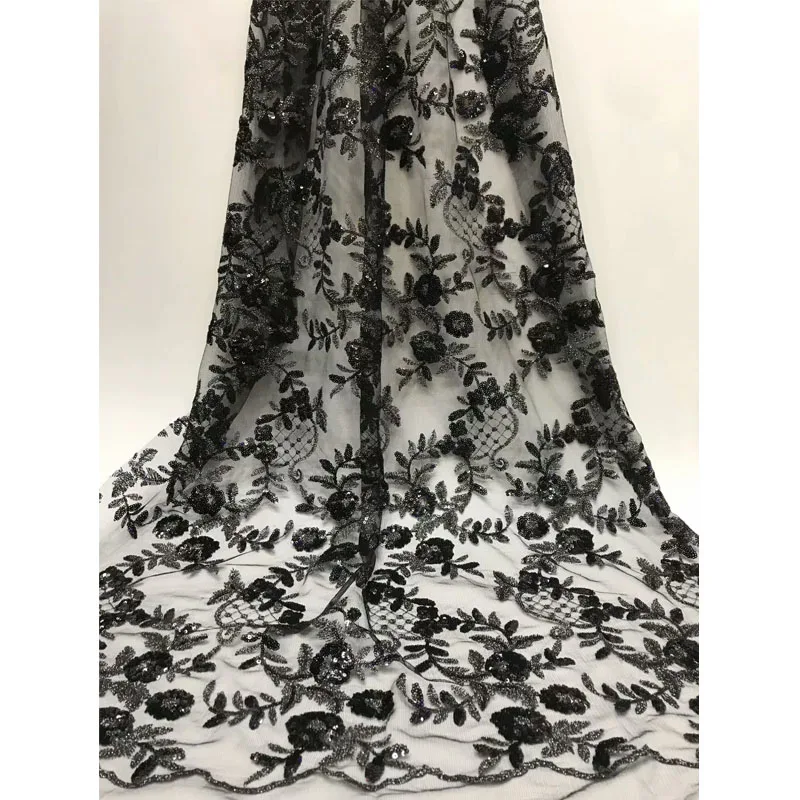 

Beautifical african lace dress designs french sequence fabric lace black net lace for women dresses ML5N608, Can be customized