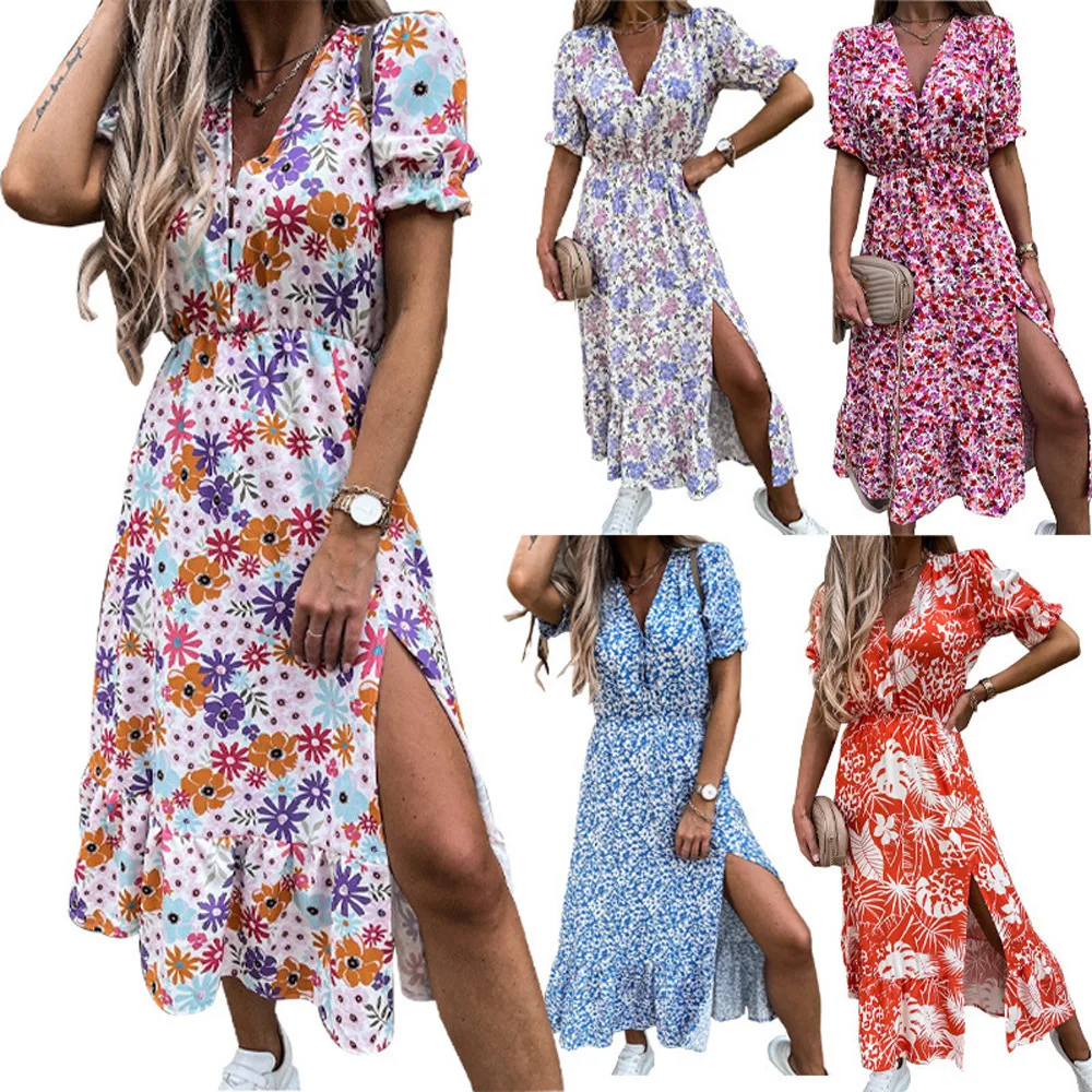 

Amazon Ins New Arrival Ladies Long Dress With Split V-neck Sexy Print Dress Women's Casual Midi Dresses Casual