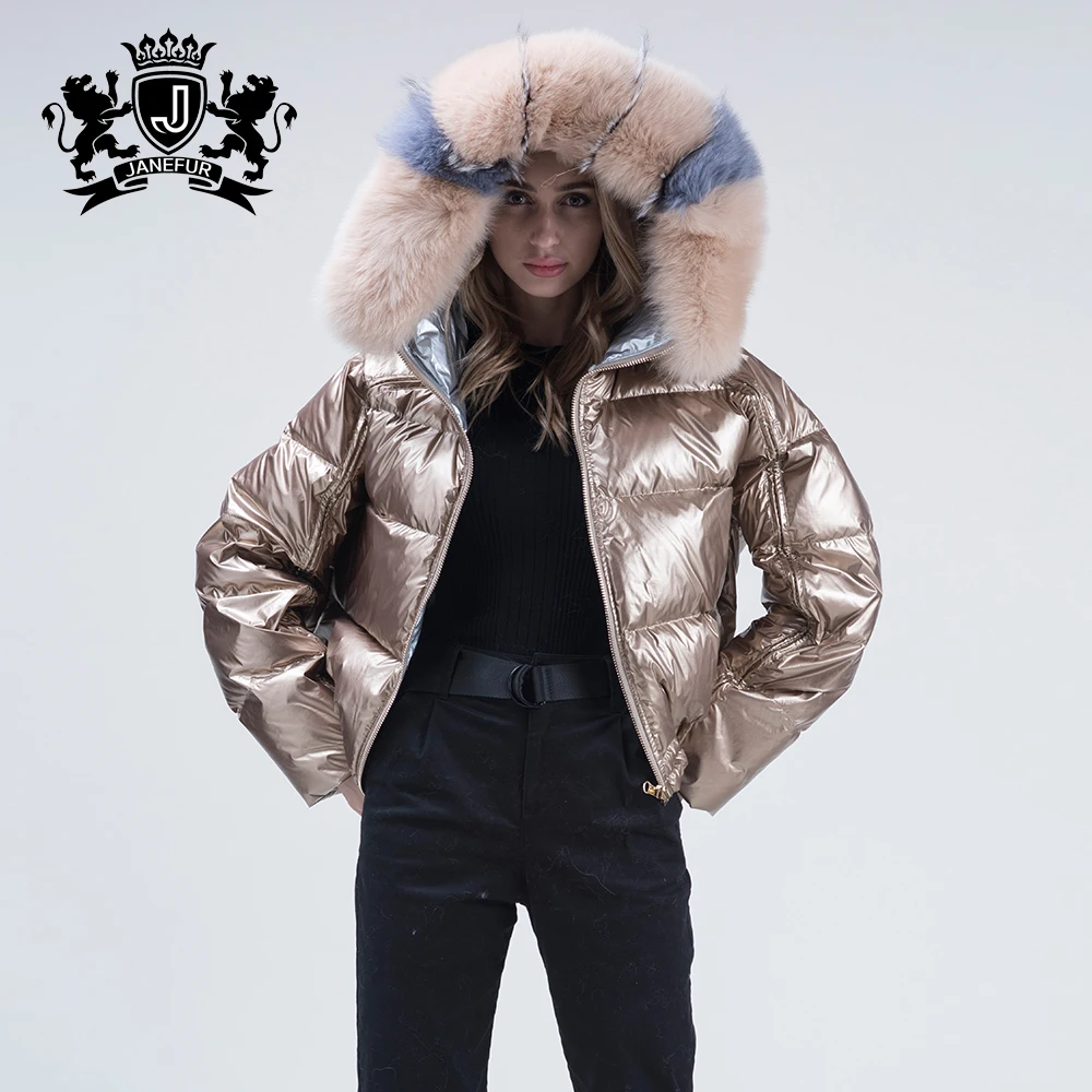 

Women winter down coat with real fox fur collar european fashion reversible down bubble coat