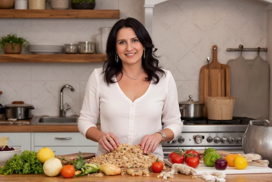 Nigella Lawson cooking in her kitchen demonstrating a recipe with fresh ingredients