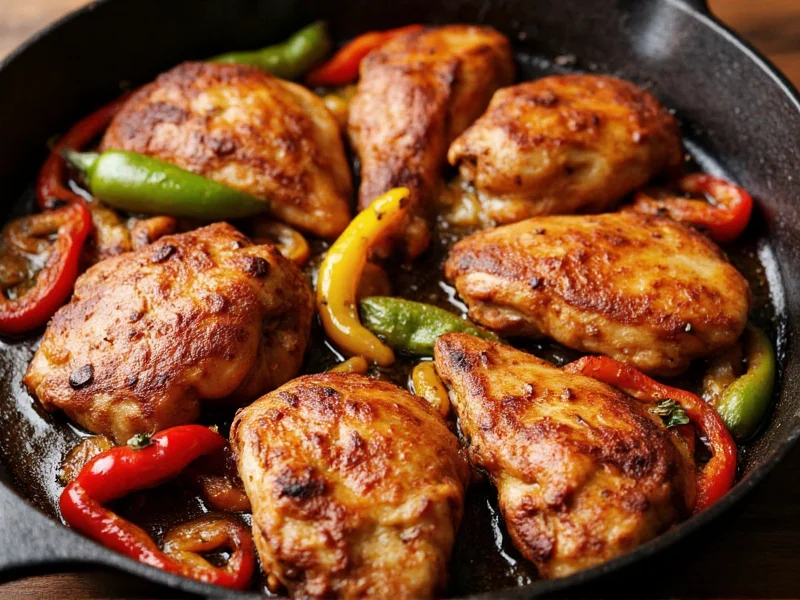 Sizzling chicken fajitas in cast iron skillet with charred peppers