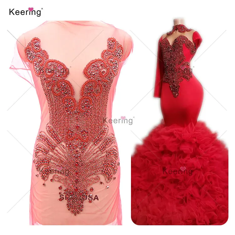 

WDP-245 Keering Colorful Sewing Beaded Crystal Embellished Red Bodice Rhinestone Appliques Mesh Fabric For Wedding Dress, Multi-color