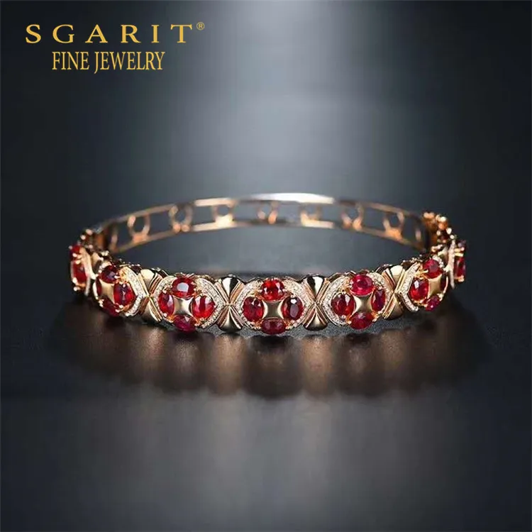 

SGARIT hot sale women wedding 18k gold gemstone jewelry 8.3ct natural pigeon blood red ruby bangle